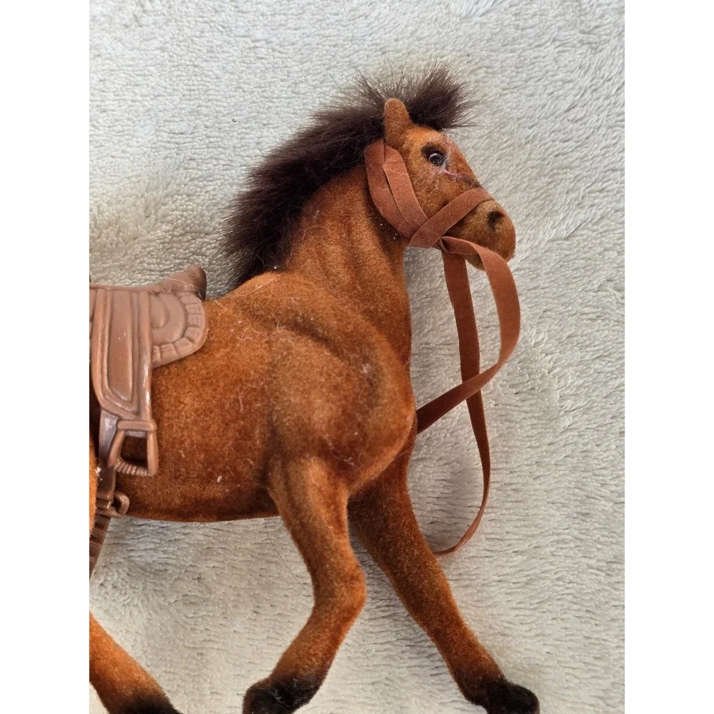 Vintage Flocked Brown Horse Figurine with Saddle and Bridle Toy 5 Inch